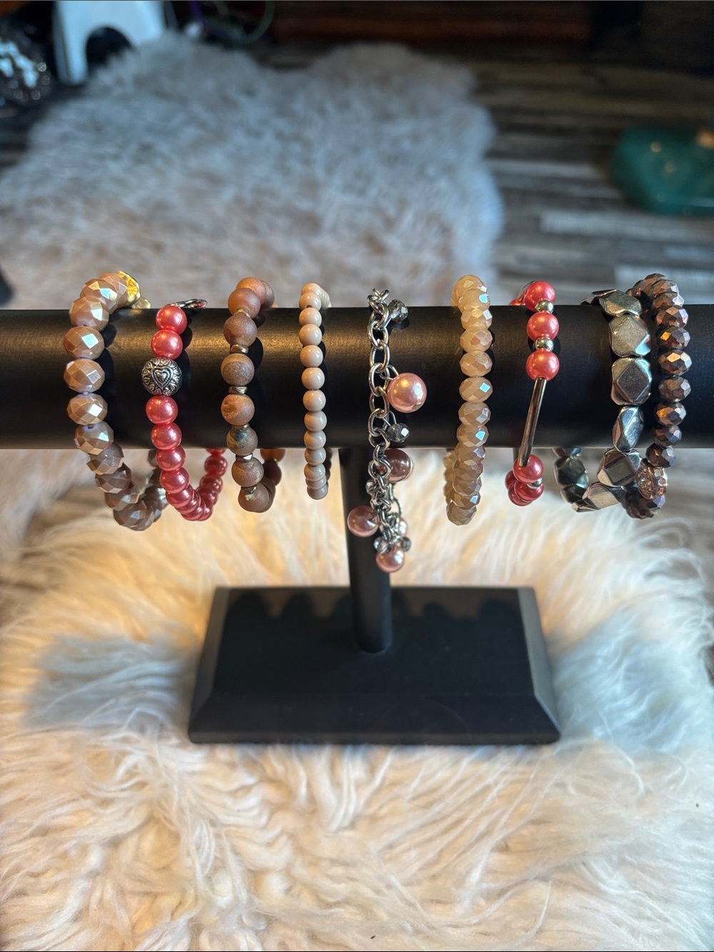 Beaded Stretch Bracelet Set in Rose and Neutral Tones